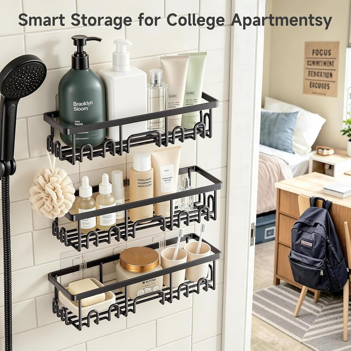 Veken Shower Caddy 6-Pack – Matte Black Bathroom Storage Set, Powder-Coated Stainless Steel Wall Organizer