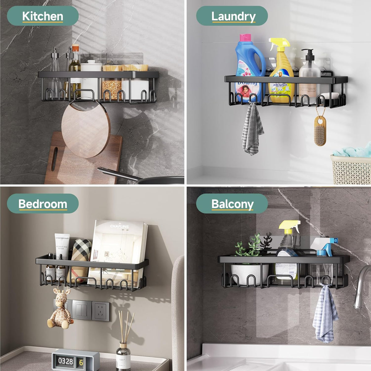 Veken Shower Caddy 6-Pack – Matte Black Bathroom Storage Set, Powder-Coated Stainless Steel Wall Organizer