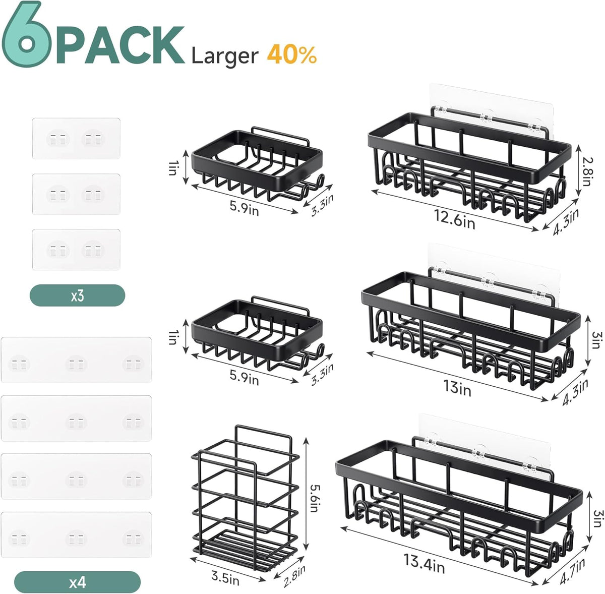 Veken Shower Caddy 6-Pack – Matte Black Bathroom Storage Set, Powder-Coated Stainless Steel Wall Organizer