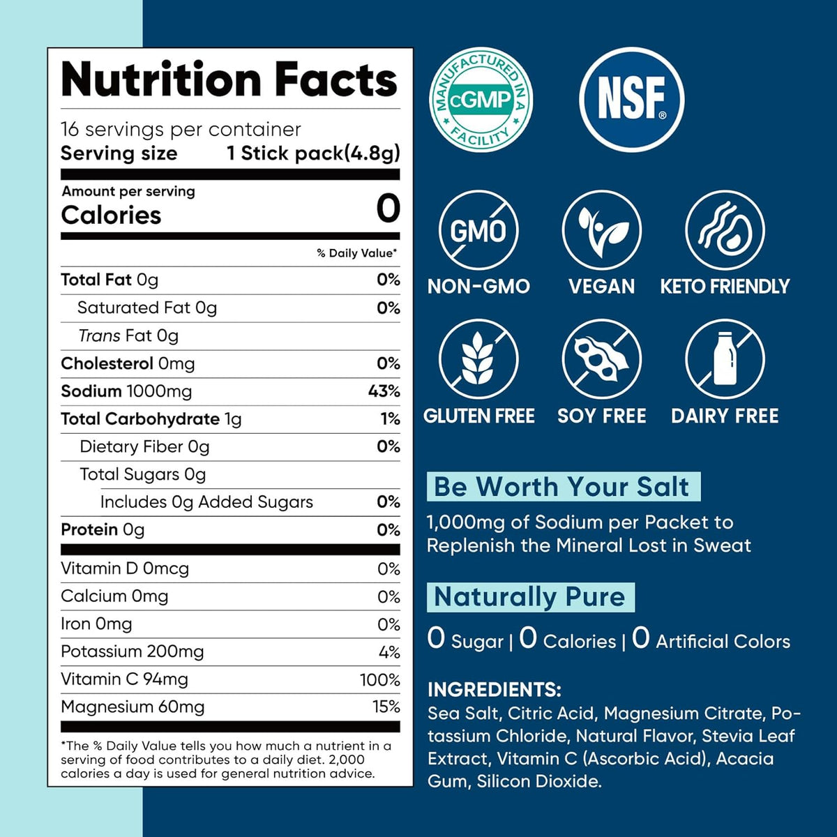 Venture Pal High Sodium Electrolyte Powder Sticks – Trail-Ready Hydration Packets for Hikers and Backpackers, Zero Sugar 16-Count