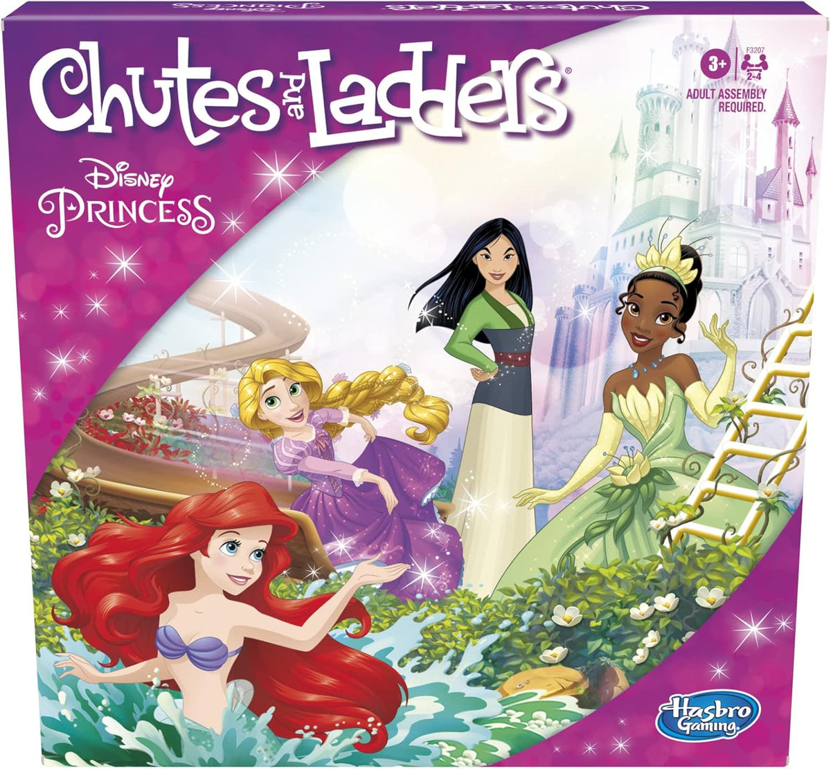 vibrant disney princess themed gameboard with ladders, chutes, and 100 numbered squares