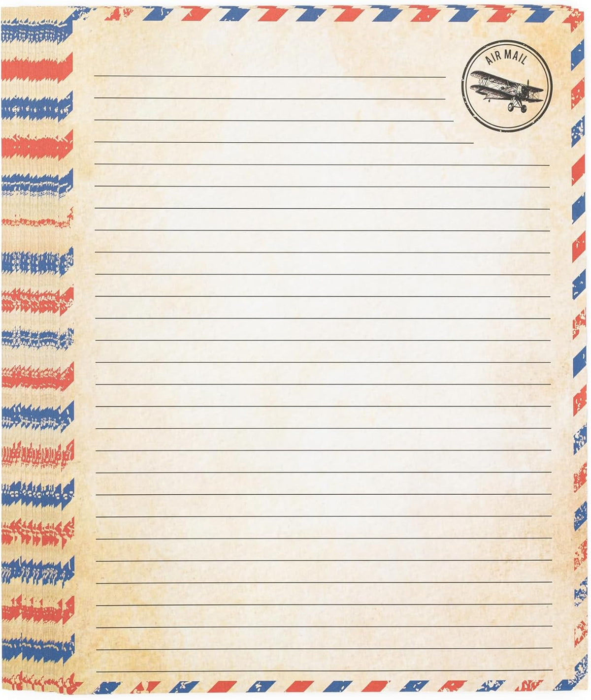 vintage blue airmail border and early 1900s airplane graphic on aged-look paper