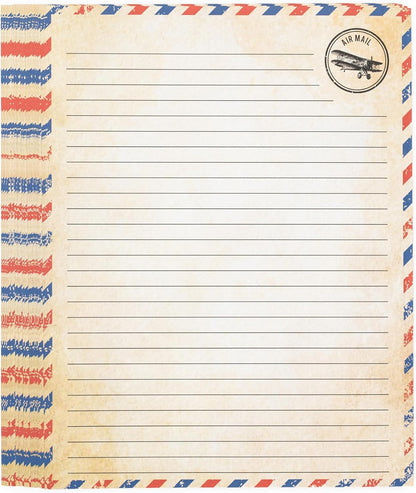 vintage blue airmail border and early 1900s airplane graphic on aged-look paper