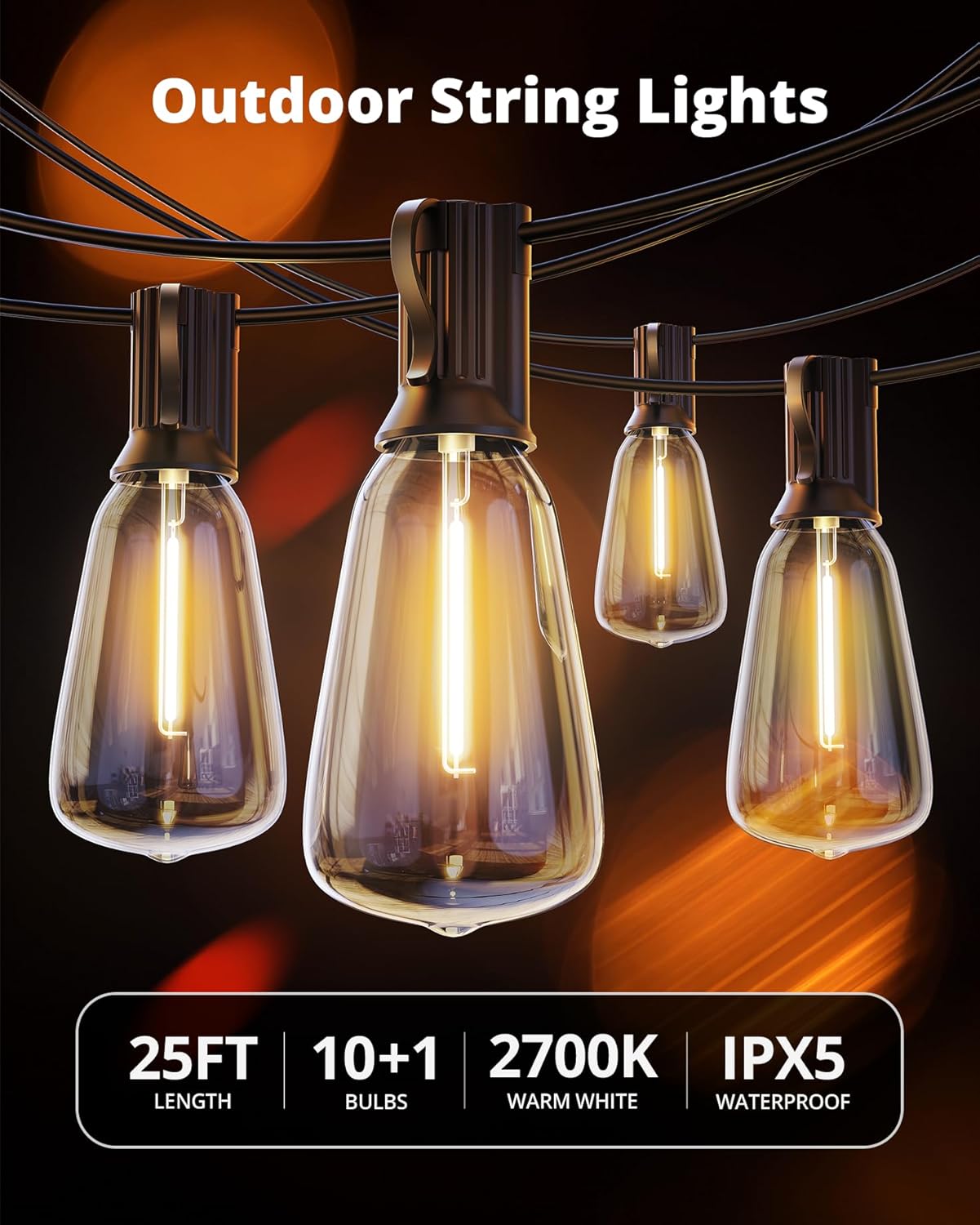 VIPAR Outdoor String Lights – Weatherproof Patio Lights with 10+1 ST38 Shatterproof Edison Bulbs for Porch, Garden, and Backyard