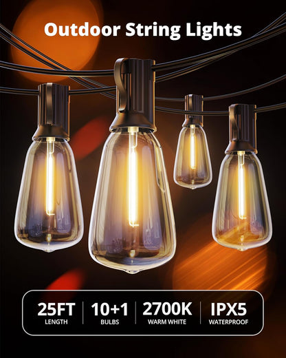 VIPAR Outdoor String Lights – Weatherproof Patio Lights with 10+1 ST38 Shatterproof Edison Bulbs for Porch, Garden, and Backyard