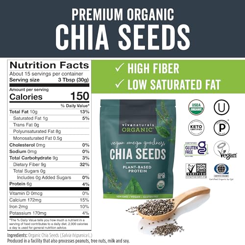 Viva Naturals Organic Chia Seeds 1 lb – Thoughtful Wellness Gift for Her, Plant-Based Omega-3 for Smoothie Lovers