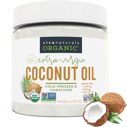 Viva Naturals Organic Coconut Oil, 16 fl oz – Unrefined, Cold-Pressed Extra Virgin Coconut Oil, USDA Organic &amp;amp; Non-GMO, Natural Cooking Oil, Hair Oil &amp;amp; Skin Oil