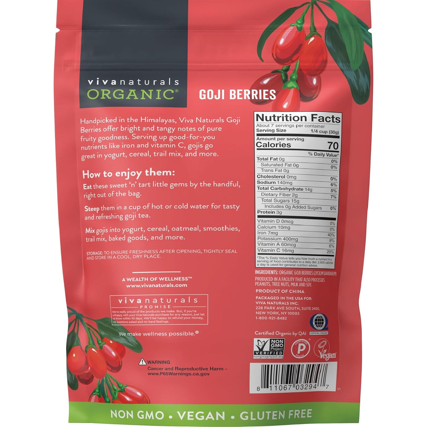 Viva Naturals Organic Dried Goji Berries – Iron & Vitamin C Superfood for Daily Smoothie and Tea Rituals, 16 oz