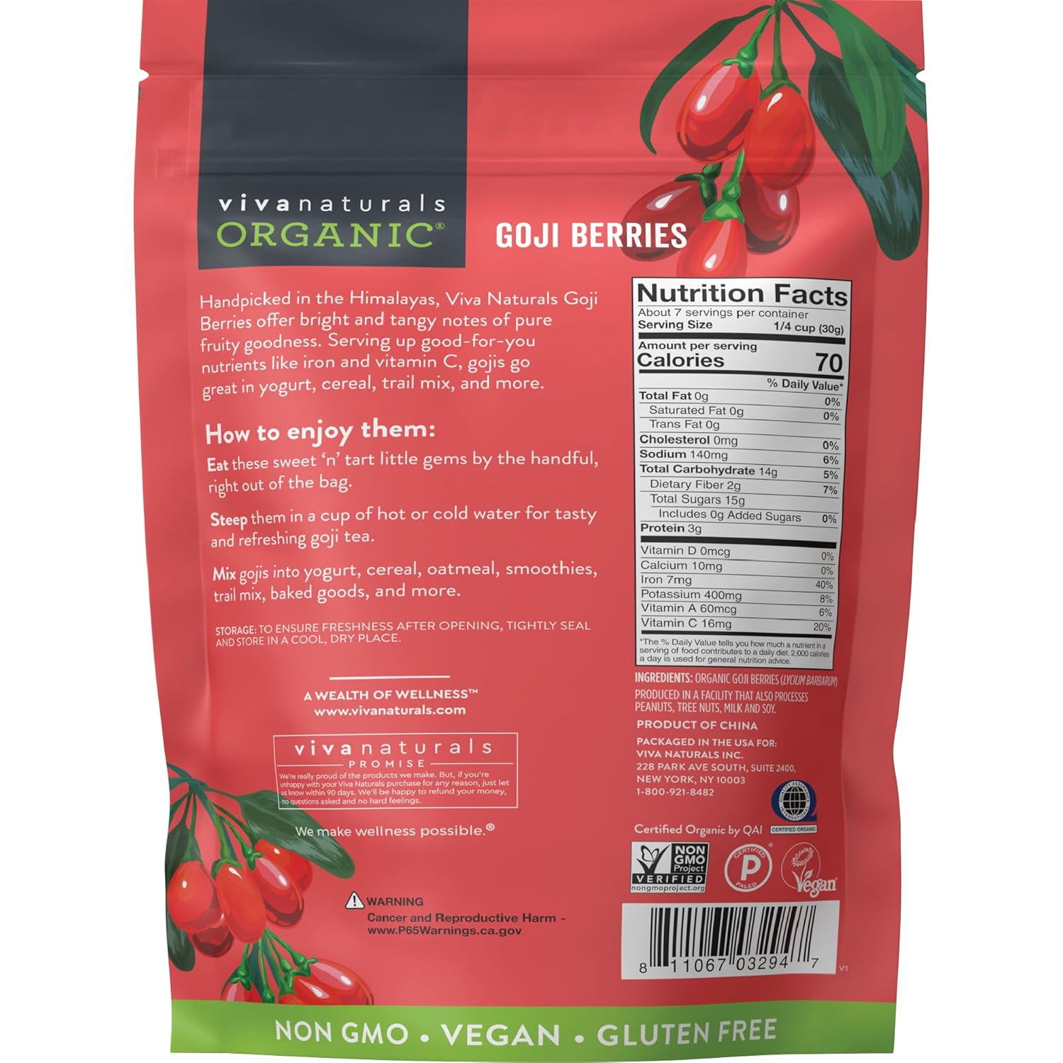 Viva Naturals Organic Dried Goji Berries – Iron & Vitamin C Superfood for Daily Smoothie and Tea Rituals, 16 oz