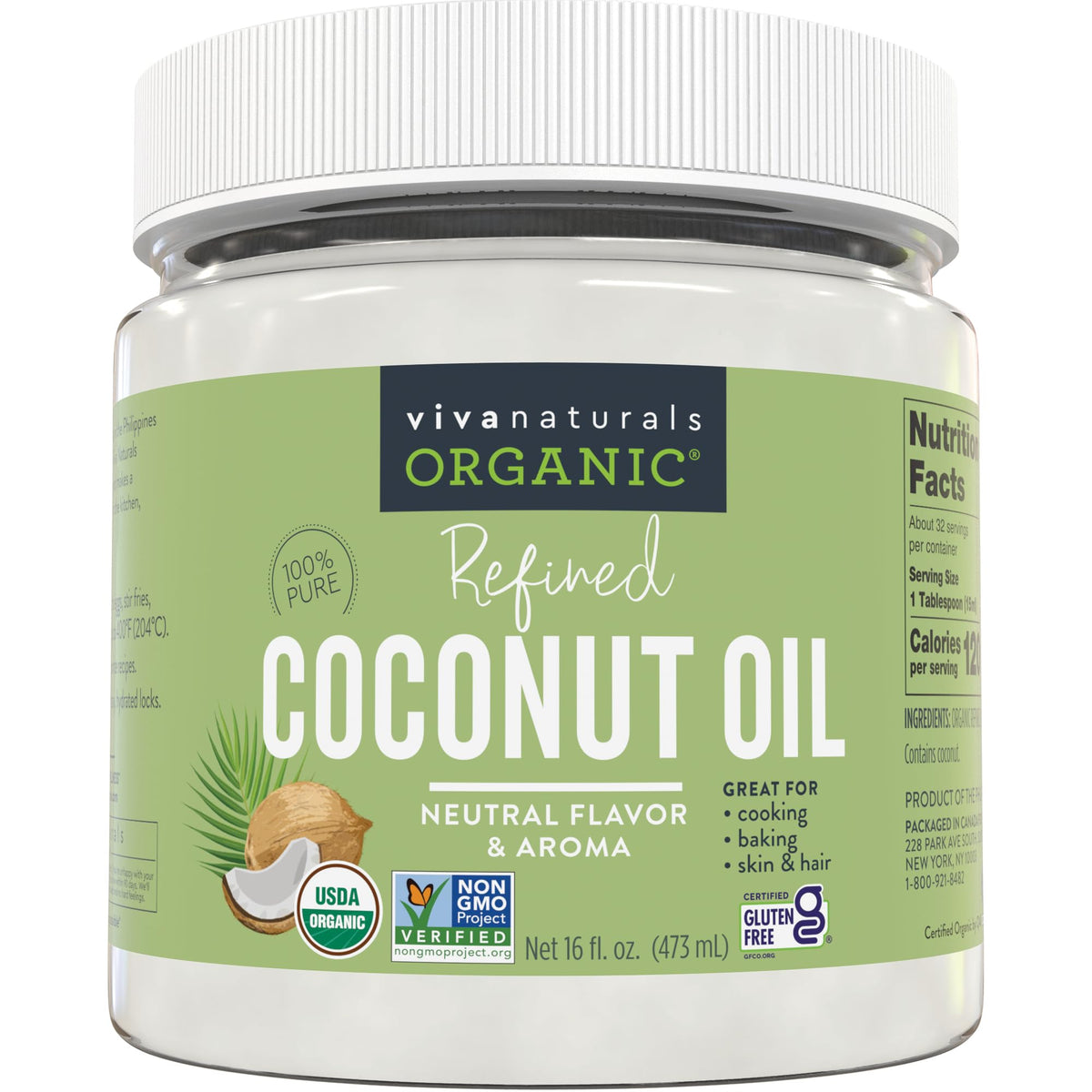 Viva Naturals Refined Coconut Oil, 16 fl oz – Expeller-Pressed, USDA Organic, Neutral Flavor &amp;amp; Aroma, Ideal for Cooking, Baking, Hair &amp;amp; Skin Moisturizer