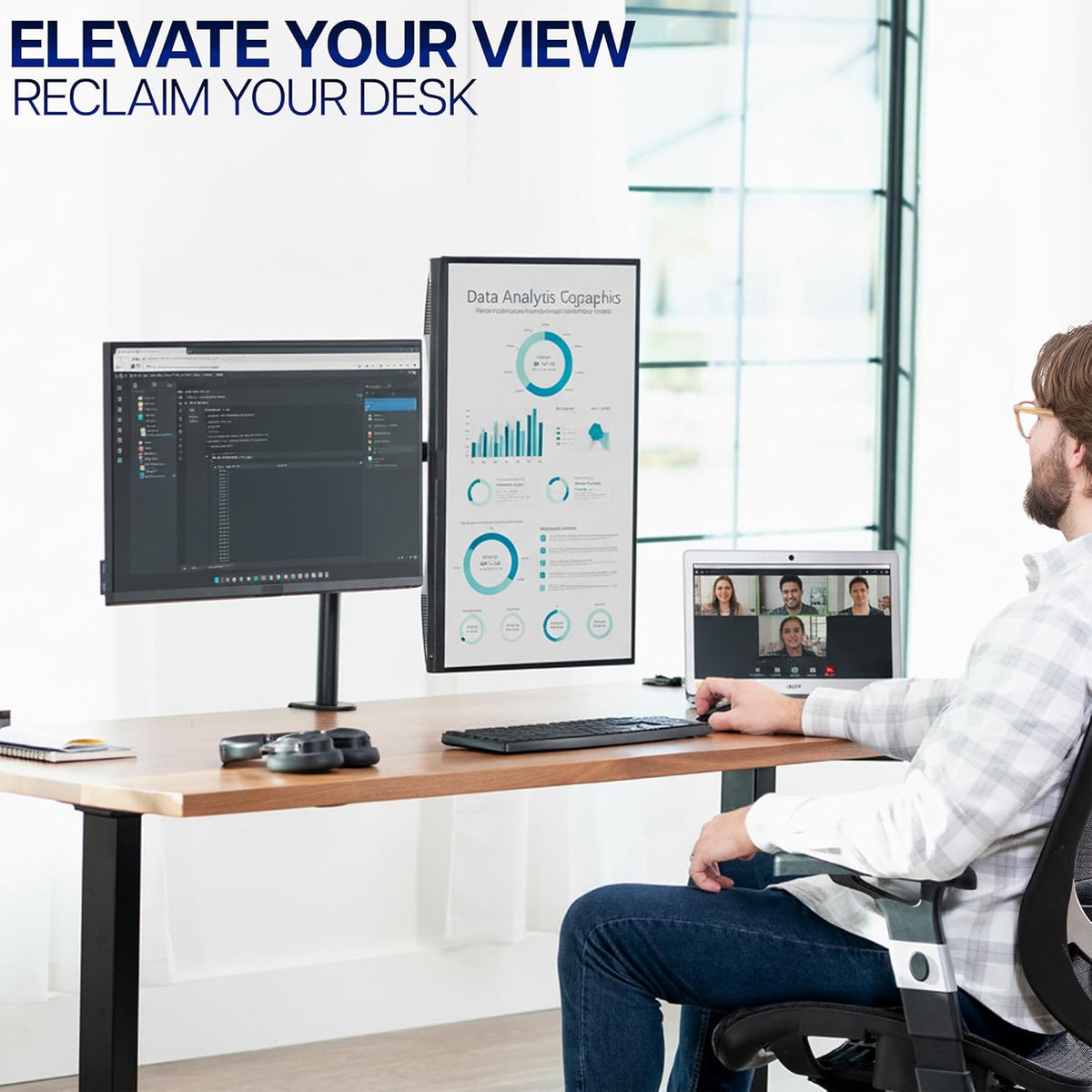 VIVO Dual Monitor Stand in Matte Black, Clean and Simple Desk Mount for Minimalist Home Office