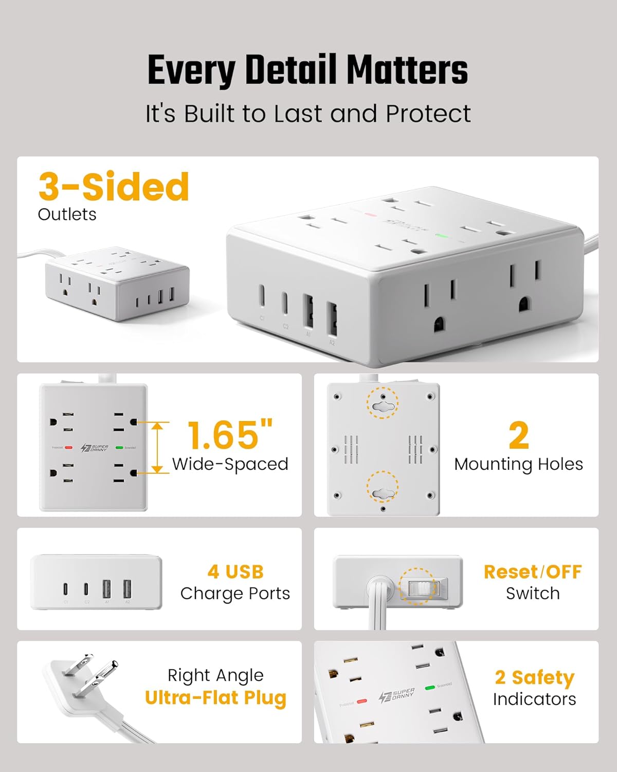 VoltaHub Tower – Clean Desk Charging Station, Ultra-Thin Flat Plug Power Strip with Neutral White Finish