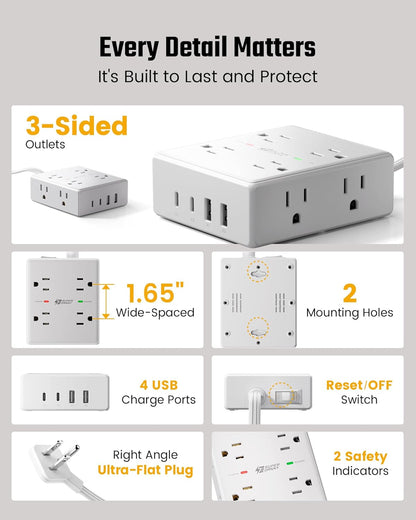 VoltaHub Tower – Clean Desk Charging Station, Ultra-Thin Flat Plug Power Strip with Neutral White Finish
