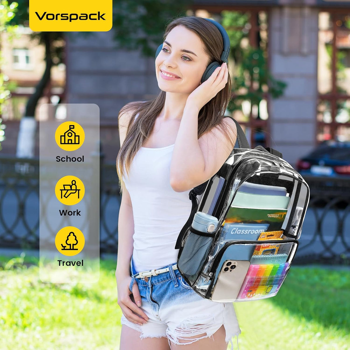 Vorspack Clear Backpack – Practical Back-to-School Gift for Teens, Clear PVC Bookbag