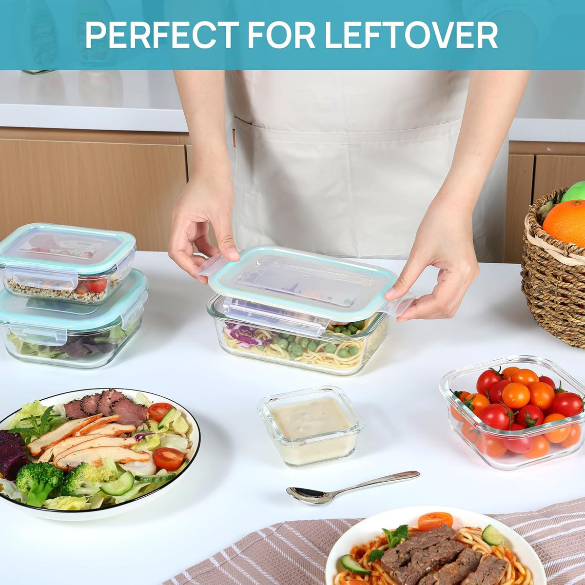Vtopmart 8 Pack Glass Food Storage Containers with Locking Lids – Shatter Resistant Family Lunch Set for Daily Reuse