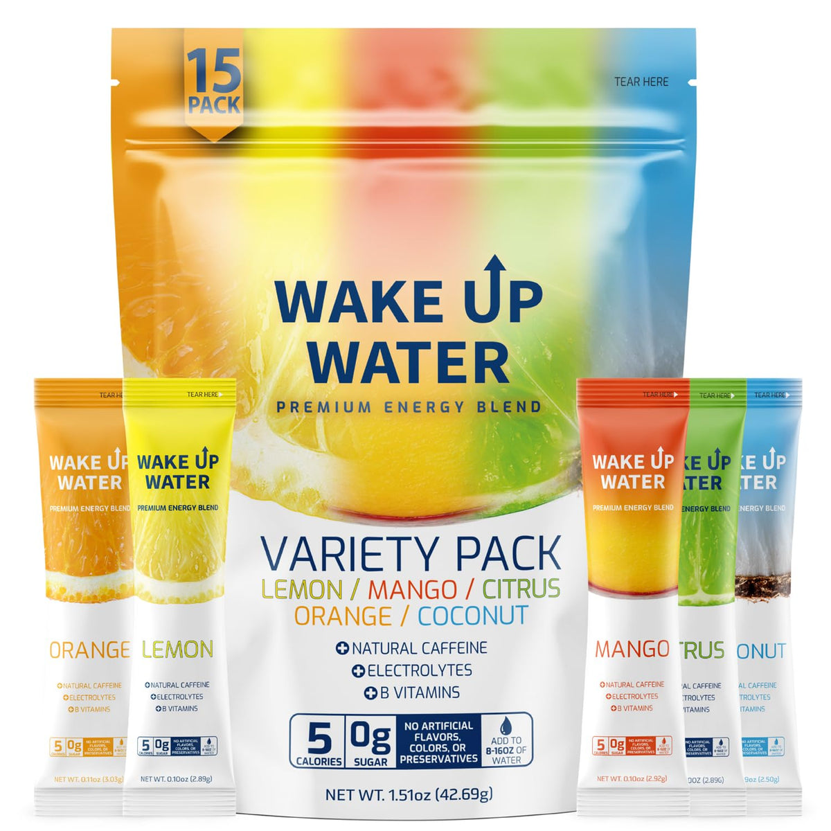 Wake Up Water Sugar Free Energy Powder – Self-Care Morning Routine with Natural Caffeine and Electrolytes, 15 Servings