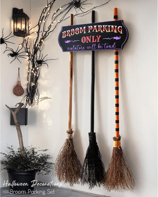 wall-mount 'broom parking only — violators will be toad' wooden sign measuring 16.3" x 6.8"