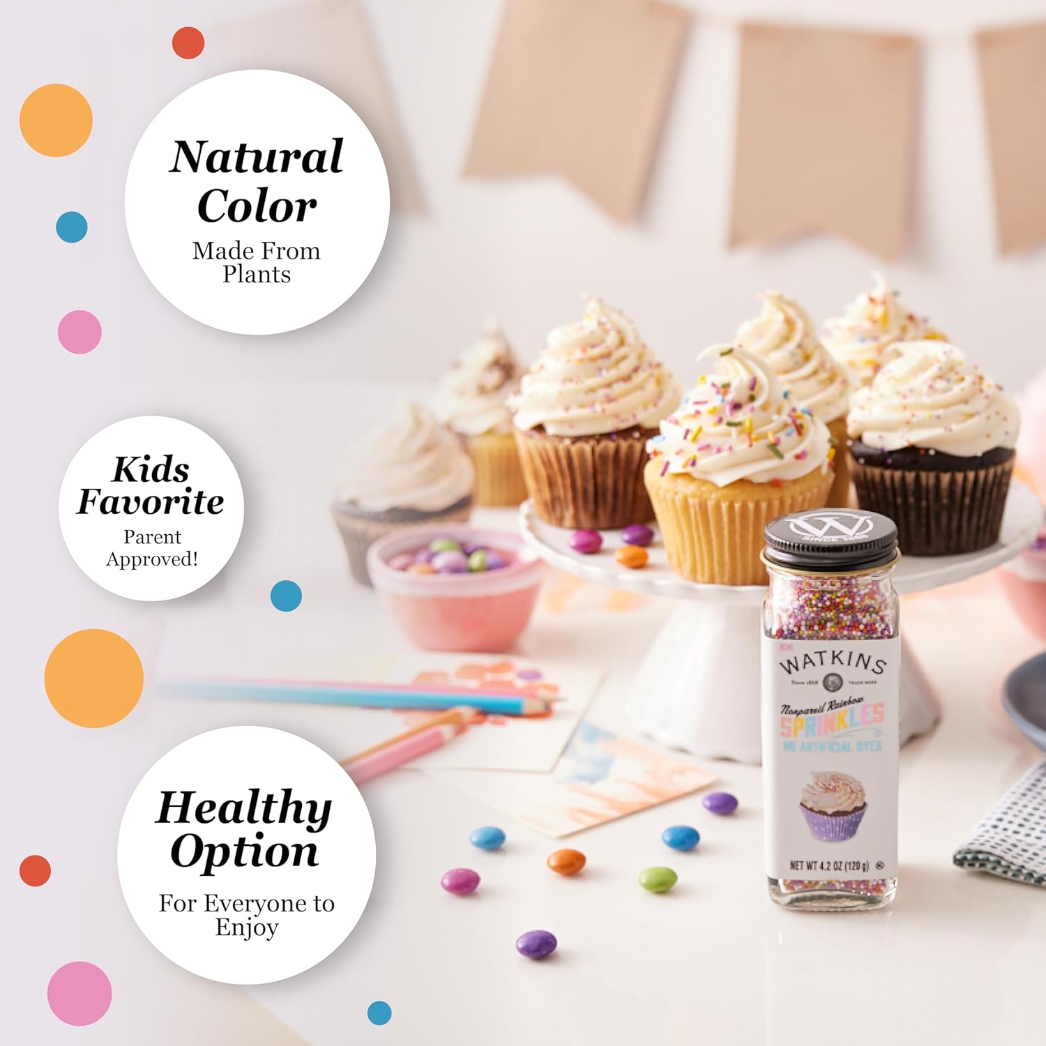 Watkins Gourmet Rainbow Nonpareils Sprinkles – Artificial Dye-Free Cupcake Topping for Kids' Birthday Cakes and School Bake Sales