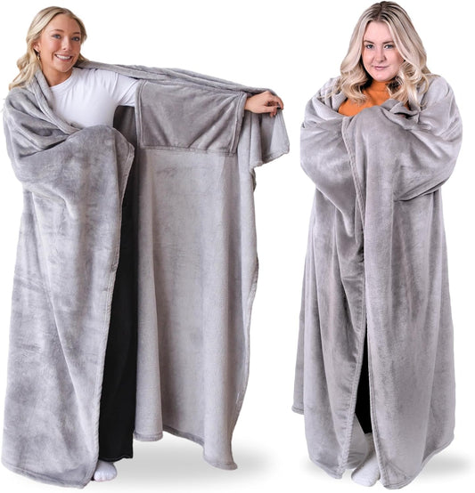wearable blanket construction with arm openings for hands-free use