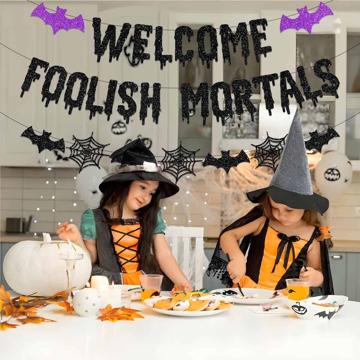 Welcome Foolish Mortals Halloween Banner Set – Child-Safe Party Decor for Playroom, Trick-or-Treat Entryway, and Family Halloween Night