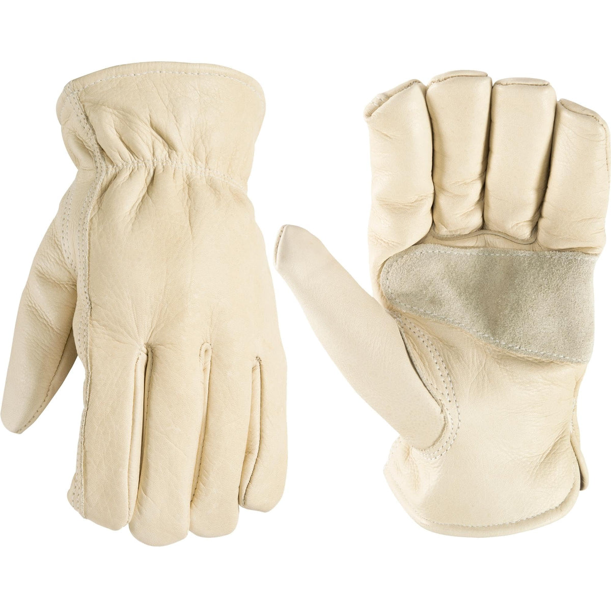 Wells Lamont Leather Work Gloves for Men – Grain Cowhide, Reinforced Palm – Ideal for Construction, Farming, Ranching – Ergonomic Fit, Keystone Thumb, Elasticized Wrist – Beige, Large (1130L)