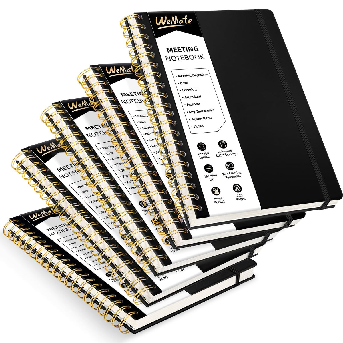 WEMATE 5 Pack Meeting Notebooks for Work（7&amp;#34;x10&amp;#34;） 200 Pages, PU Leather Notebook with Action Items &amp;amp; Note, For Staff &amp;amp; Students, Meeting, Projects Planning - All Black Set