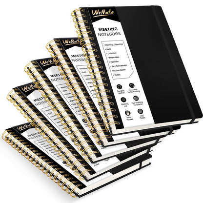 WEMATE 5 Pack Meeting Notebooks for Work（7&amp;#34;x10&amp;#34;） 200 Pages, PU Leather Notebook with Action Items &amp;amp; Note, For Staff &amp;amp; Students, Meeting, Projects Planning - All Black Set