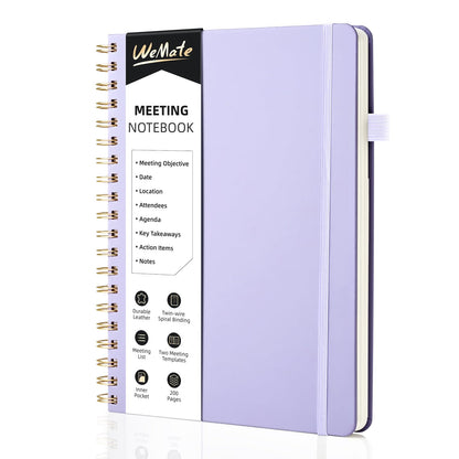 WEMATE Meeting Notebook for Work B5 (7&amp;#34;x10&amp;#34;) - PU Leather Work Notebook with Agenda, Action Items &amp;amp; Notes - 200 Pages for Men&amp;amp;Women, Staff and Students, Meeting, Projects Planning - Light Purple