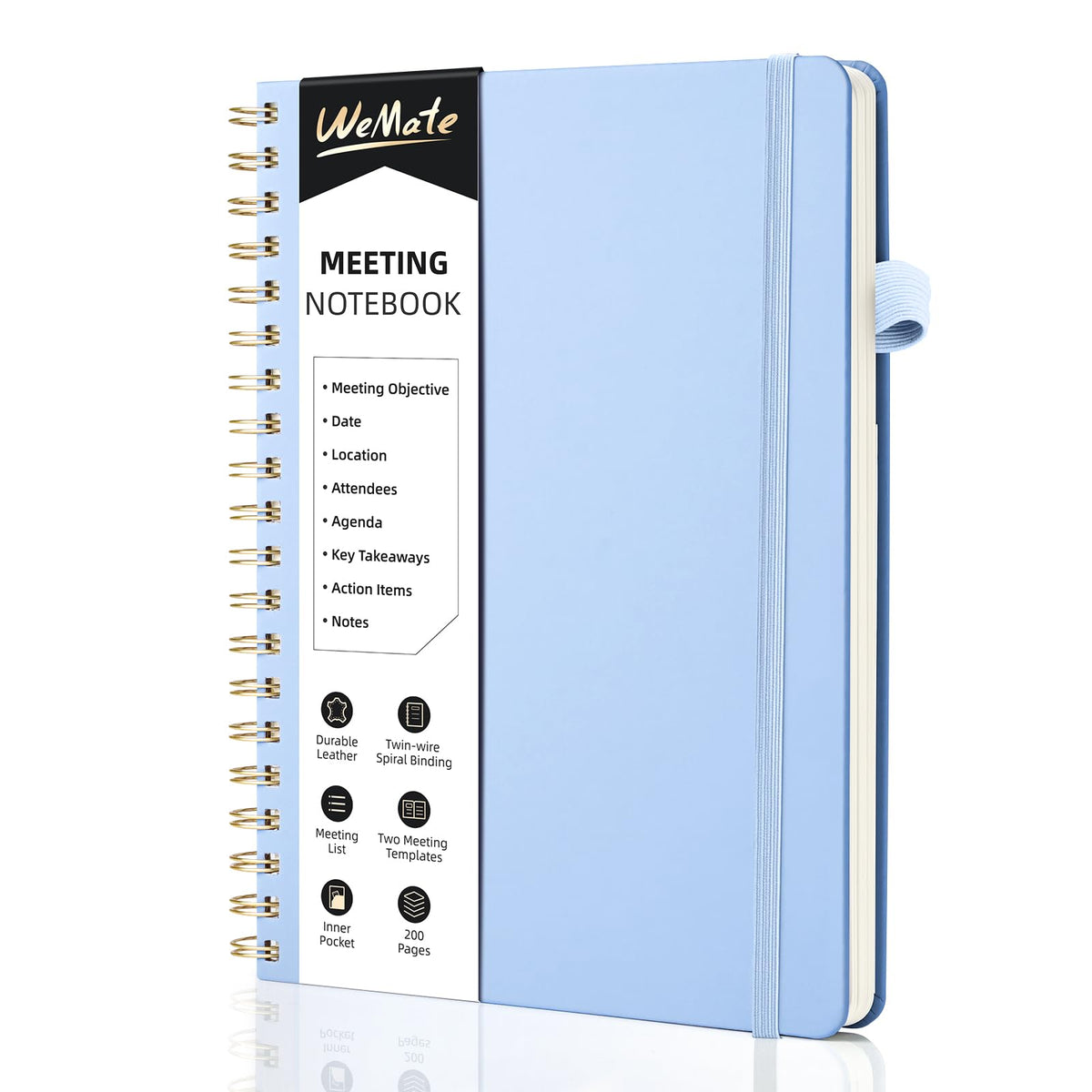 WEMATE Meeting Notebook for Work B5 (7&amp;#34;x10&amp;#34;) - PU Leather Work Notebook with Agenda, Action Items &amp;amp; Notes - 200 Pages for Men&amp;amp;Women, Staff and Students, Meeting, Projects Planning - Light Blue