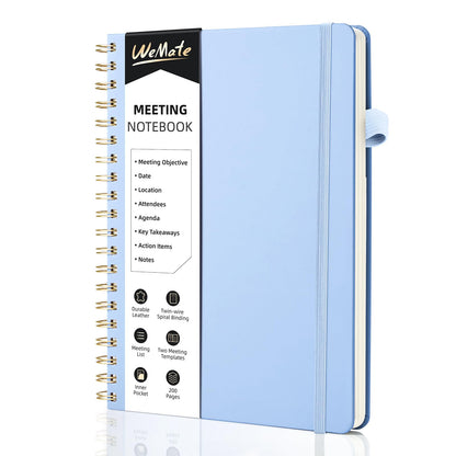WEMATE Meeting Notebook for Work B5 (7&amp;#34;x10&amp;#34;) - PU Leather Work Notebook with Agenda, Action Items &amp;amp; Notes - 200 Pages for Men&amp;amp;Women, Staff and Students, Meeting, Projects Planning - Light Blue