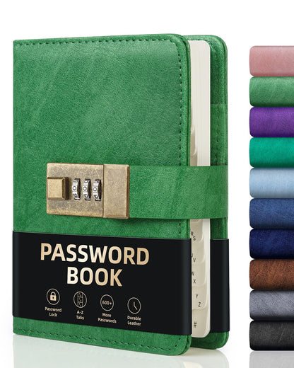 WEMATE Password Book with Lock, Password Book with Alphabetical Tabs 600+ Password Space, Organizer Logbook, Password Keeper for Computer &amp;amp; Website Logins 4.33X6.18 Inch Grass Green