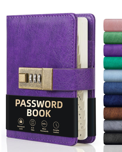 WEMATE Password Book with Lock with Alphabetical Tabs 600+ Password Space,Password Organizer Logbook with Lock, Password Keeper for Computer 4.33 X 6.18 Inch Purple