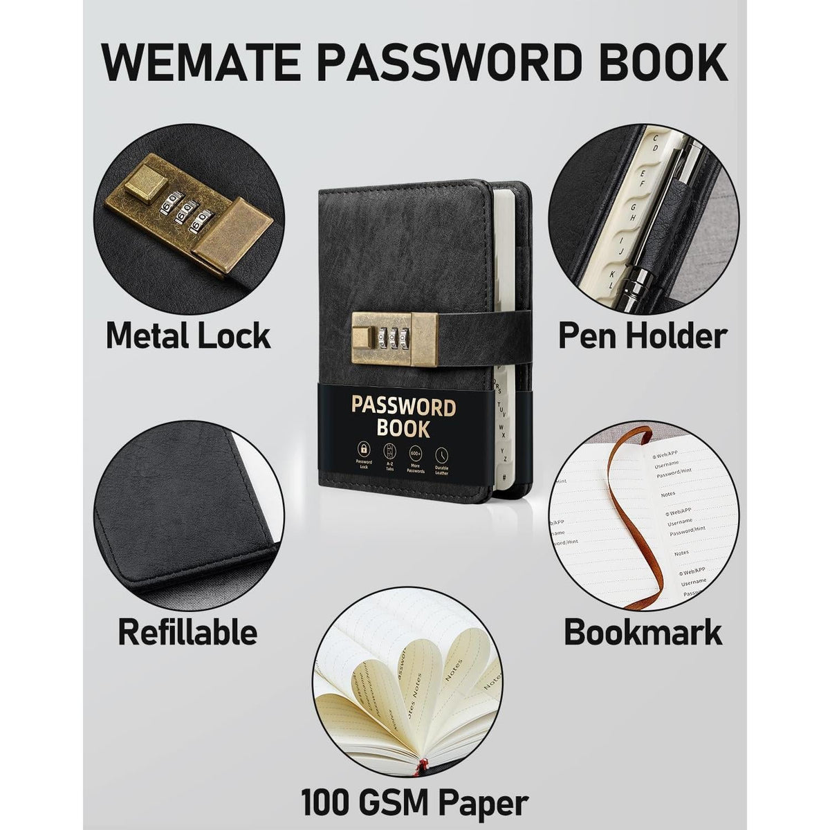 WEMATE Password Keeper Book – Heartfelt Holiday Gift for Elderly Parents, Locked Faux Leather Journal for Website Logins