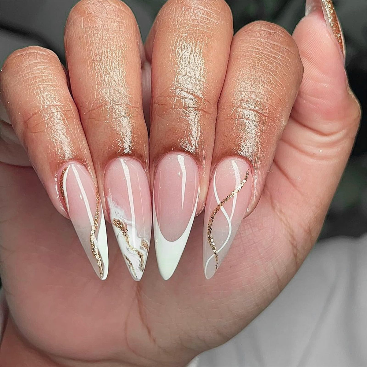White French Tip Press on Nails Almond Medium Fake Nails False Nails with Design Glitter Swirl Glossy Full Cover Acrylic Glue on Nails Artificial Stick on Nail for Women Manicure 24Pcs