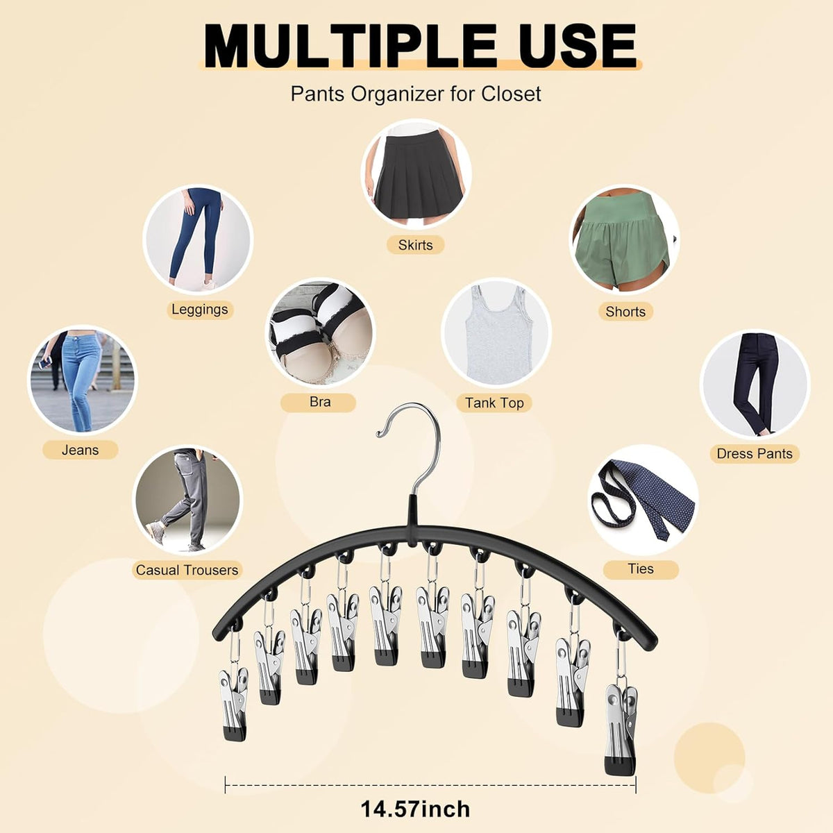 wide garment compatibility — yoga pants, leggings, jeans, shorts, skirts, slacks, underwear, sportswear, t-shirts, ties, bras
