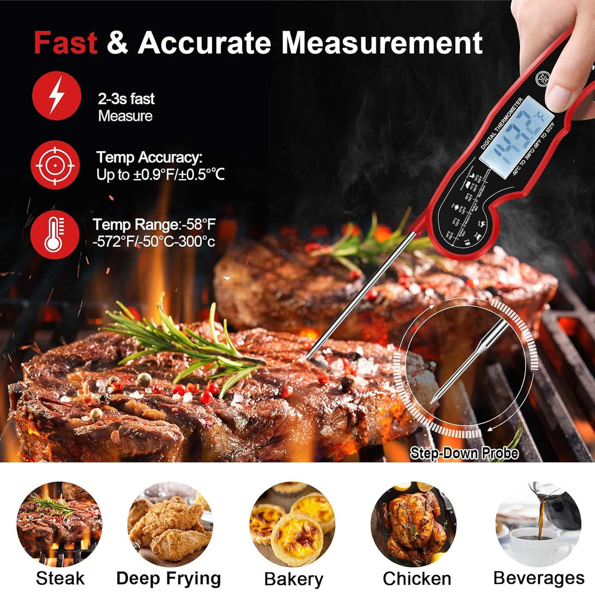 wide temperature range of -58°f to 572°f (-50°c to 300°c) with °c/°f toggle