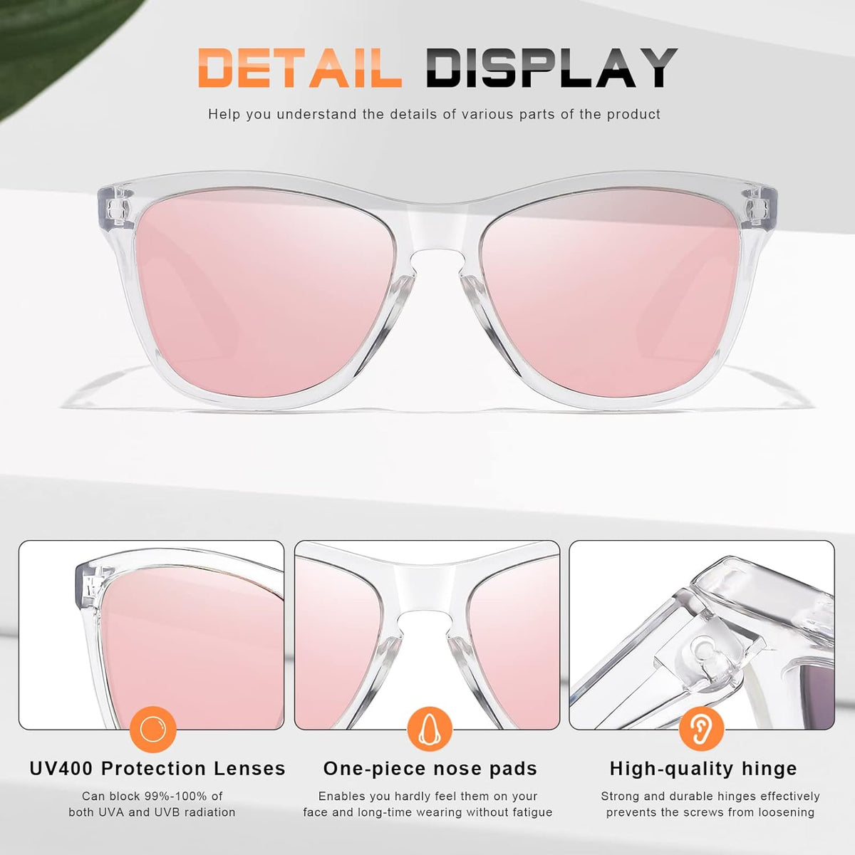 wide variant range across frame colors (black, pink, brown, tortoise, transparent, leopard) and lens tints