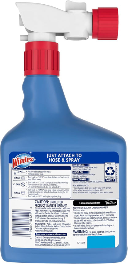 Windex No-Wipe Outdoor Glass Cleaner – Fast Hose-End Application for Whole-Home Exterior Refresh Between Deep Cleans, Pack of 2