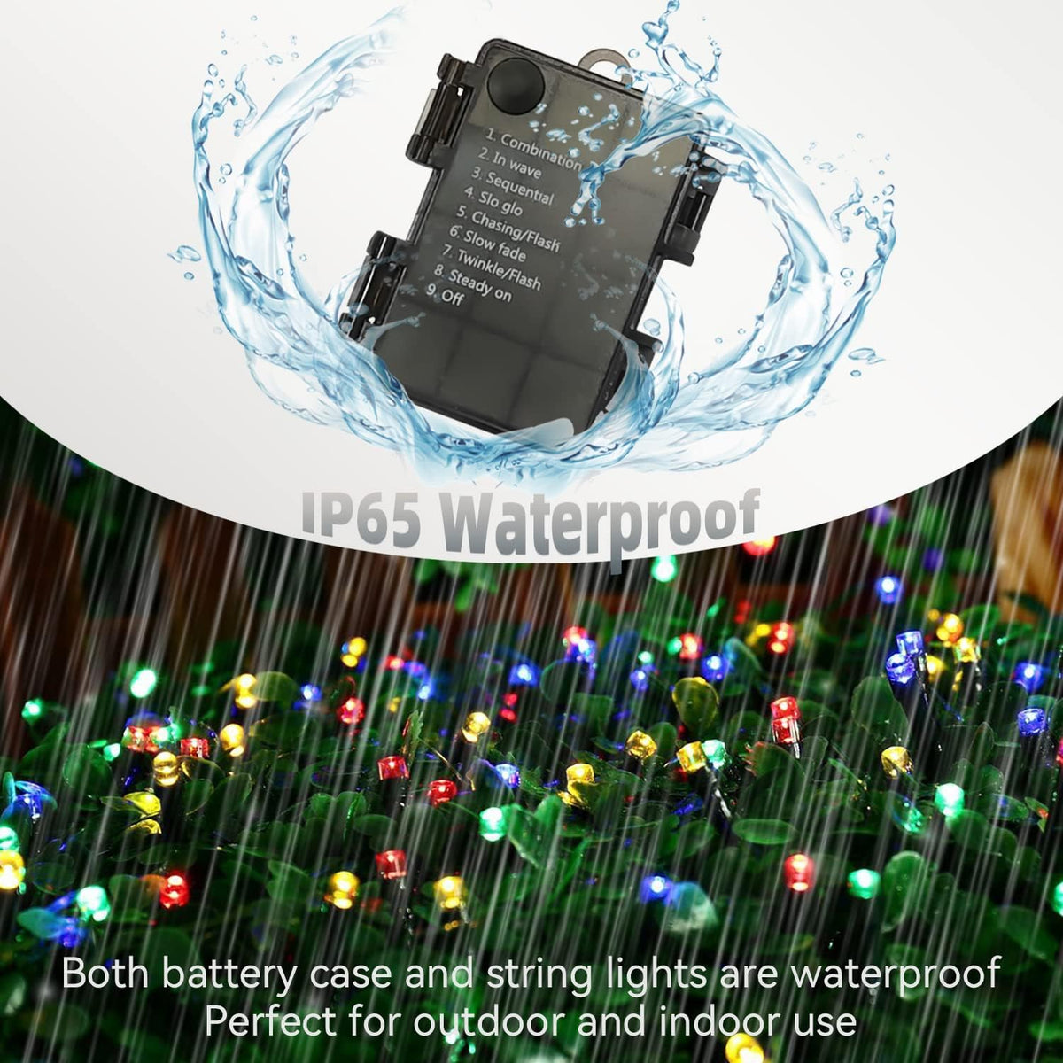 wireless remote with timer, 4-step dimming, and 8 modes (combination, waves, sequential, slo-glo, chasing/flash, slow fade, twinkle/flash, steady on)
