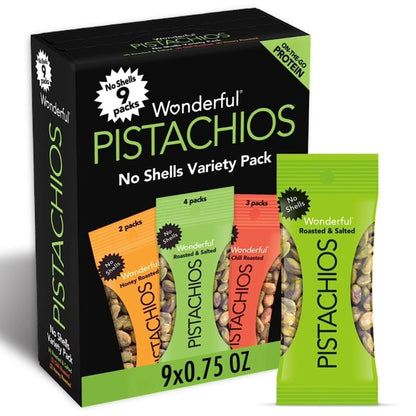 Wonderful Pistachios No Shells, 3 Flavors Mixed Variety Pack of 9 (0.75 Ounce), Roasted &amp;amp; Salted Nuts (4), Chili (3), Honey (2), Protein Snacks, Gluten Free, Healthy Snacks Variety Pack for Adults