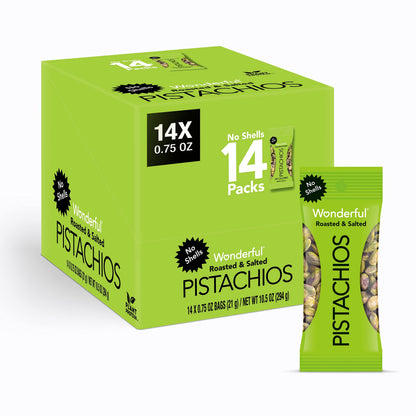 Wonderful Pistachios No Shells, Roasted &amp;amp; Salted Nuts, 0.75 Ounce Bag (Pack of 14), Protein Snacks, Vegan Snacks, On-the-Go, Individual Snacks for Adults