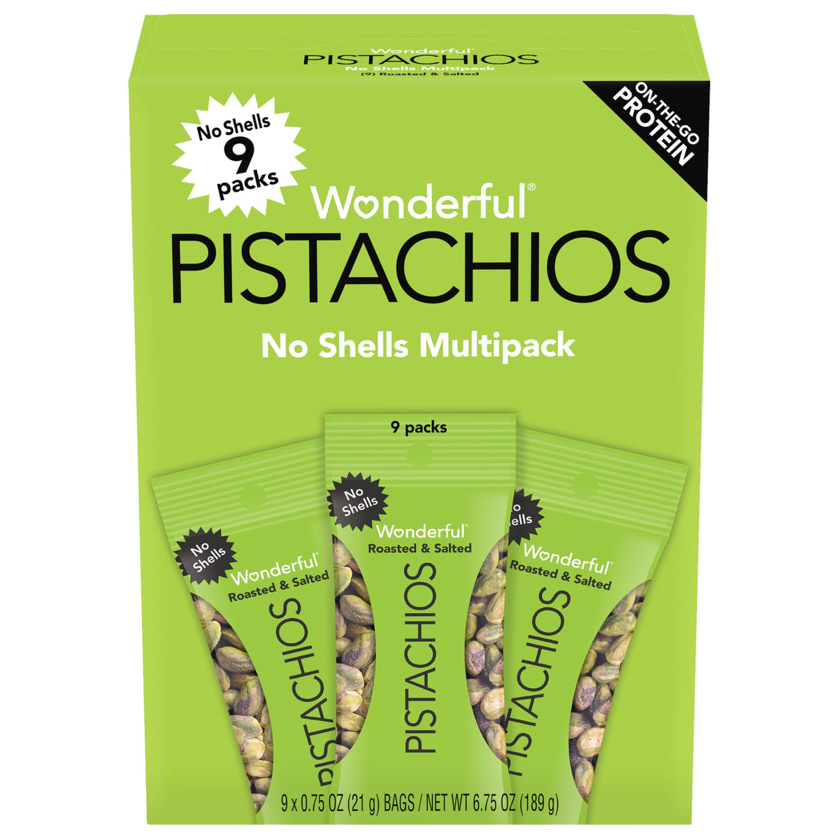 Wonderful Pistachios No Shells, Roasted &amp;amp; Salted Nuts, 0.75 Ounce Bag (Pack of 9), Protein Snacks, Gluten Free, On-the-Go, Individually Wrapped Snacks