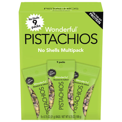 Wonderful Pistachios No Shells, Roasted &amp;amp; Salted Nuts, 0.75 Ounce Bag (Pack of 9), Protein Snacks, Gluten Free, On-the-Go, Individually Wrapped Snacks