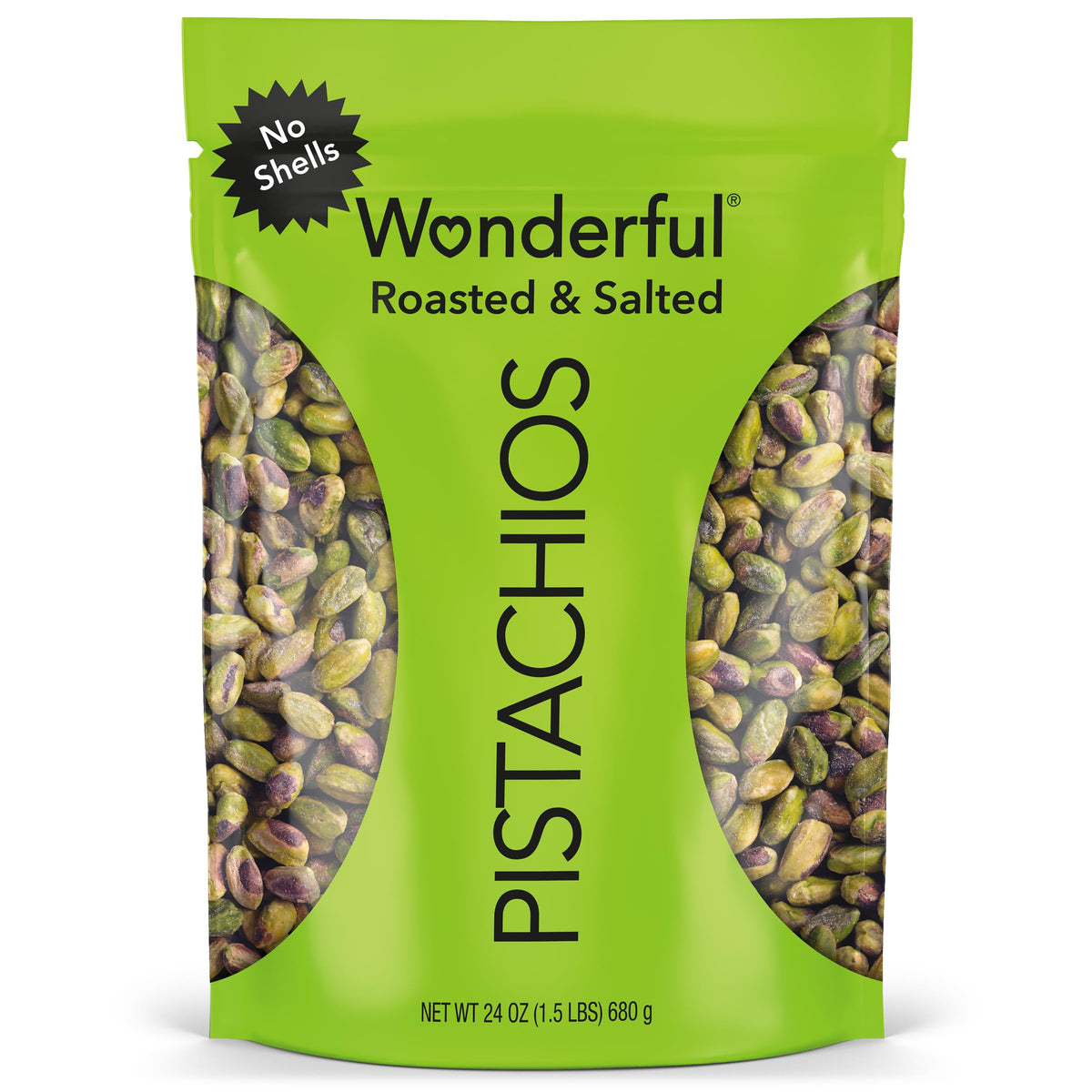 Wonderful Pistachios No Shells, Roasted &amp;amp; Salted Nuts, 24 Ounce Resealable Bag, Protein Snacks, Gluten Free, Healthy Snack