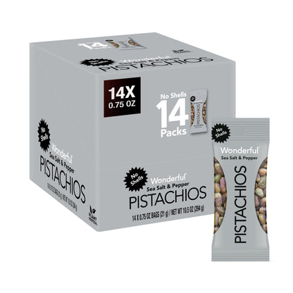 Wonderful Pistachios No Shells, Sea Salt &amp;amp; Pepper Flavored Nuts, 0.75 Ounce Bag (Pack of 14), Protein Snacks, Gluten Free, Healthy On-the-Go Travel Snack Packs