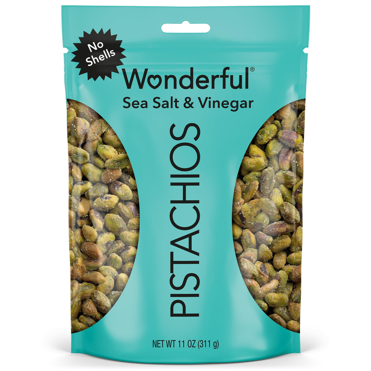 Wonderful Pistachios No Shells, Sea Salt &amp;amp; Vinegar Flavored Nuts, 11 Ounce Resealable Bag, Protein Snacks, Gluten Free, Salty Snacks