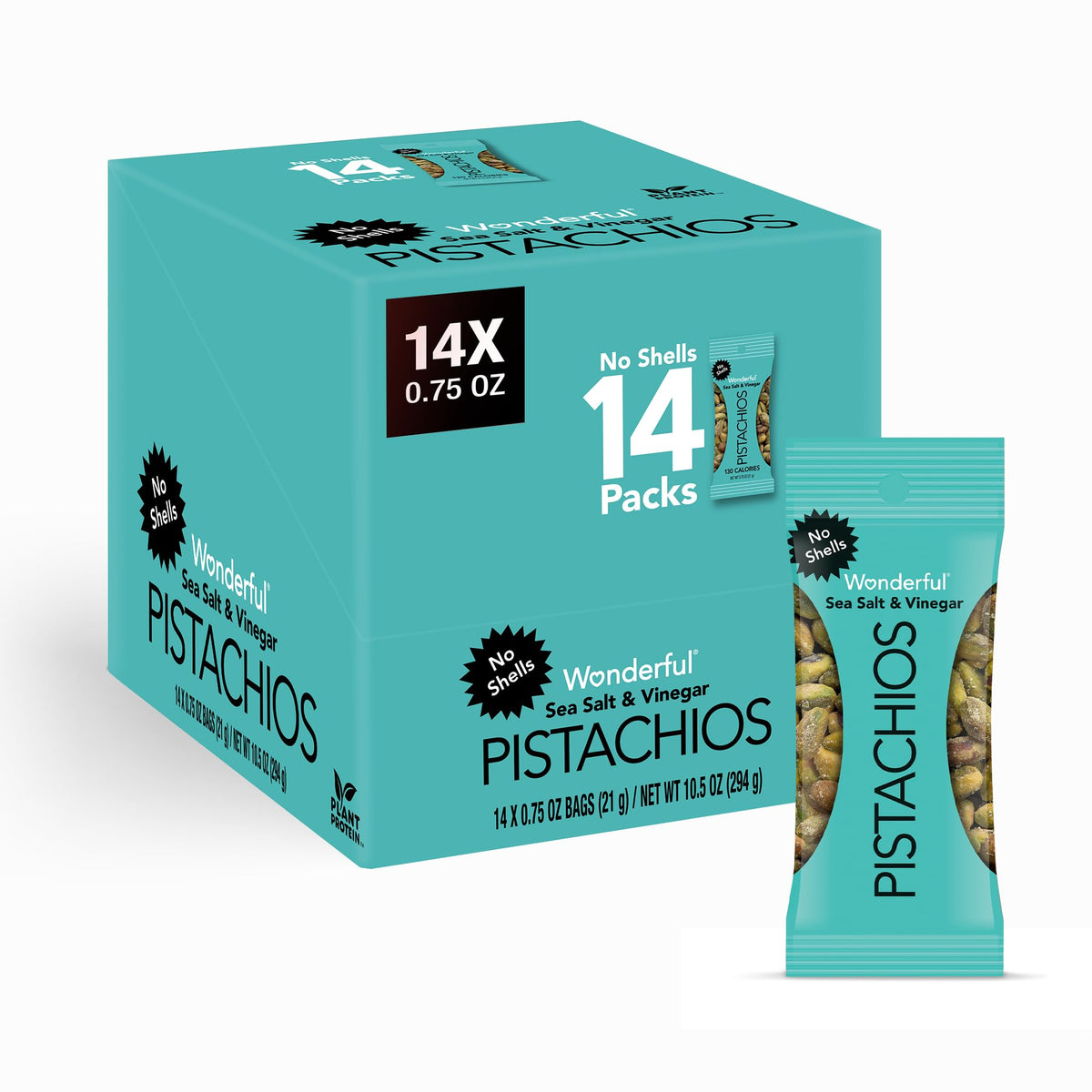 Wonderful Pistachios No Shells, Sea Salt &amp;amp; Vinegar Nuts, 0.75 Ounce Bags (Pack of 14), Protein Snacks, Savory &amp;amp; Salty Snacks, On-the-Go, Healthy Snacks for Adults