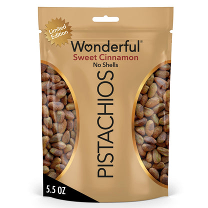 Wonderful Pistachios No Shells, Sweet Cinnamon Flavored Nuts, 5.5 Ounce Resealable Bag, Protein Snacks, Gluten Free, Healthy Vegan Snacks