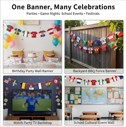 WorldDecor Patio and Garden World Cup Flag Bunting 50 Pcs Weather Resistant Jersey Garland for Outdoor Fan Zone Setup