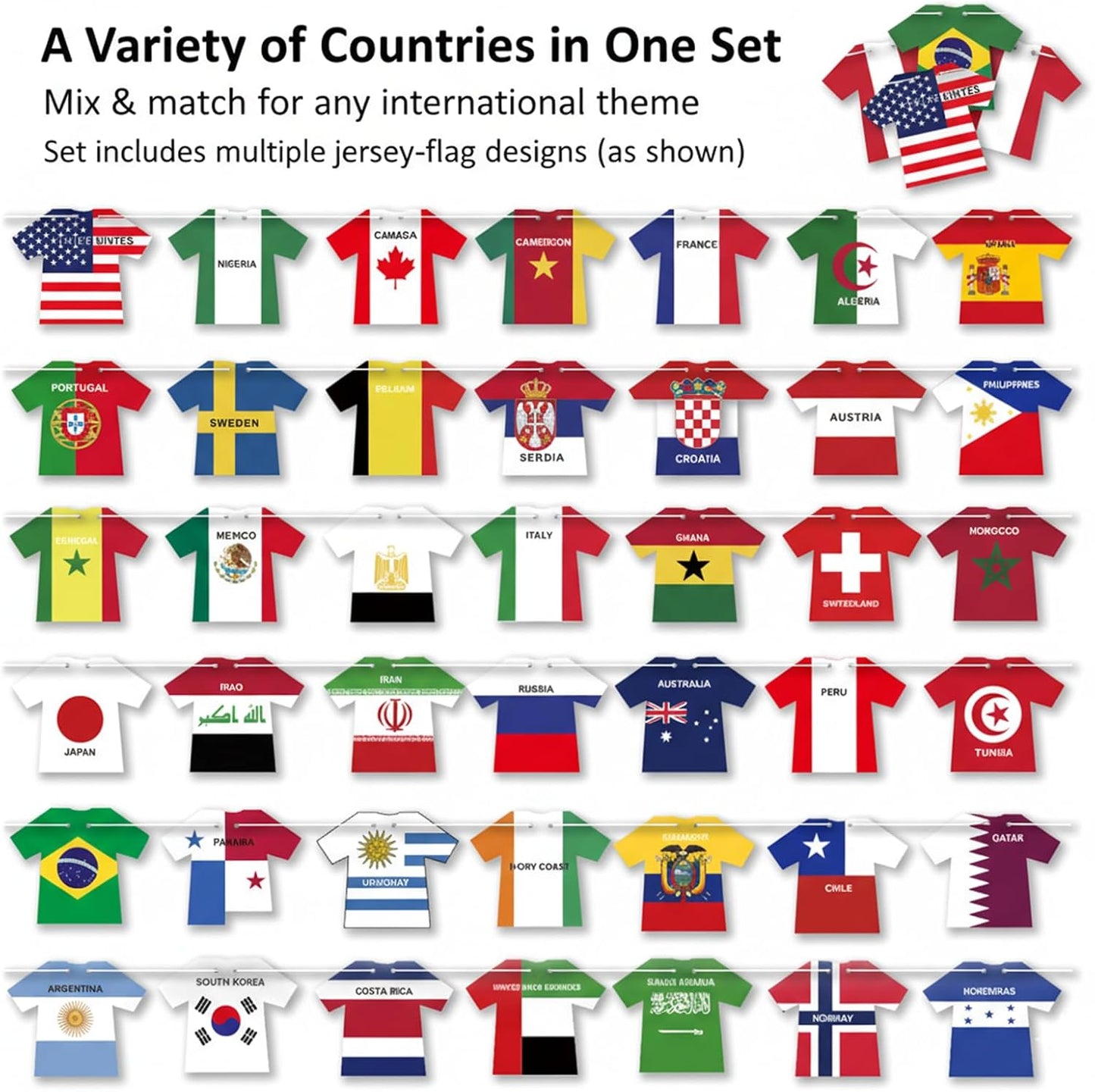 WorldDecor Patio and Garden World Cup Flag Bunting 50 Pcs Weather Resistant Jersey Garland for Outdoor Fan Zone Setup